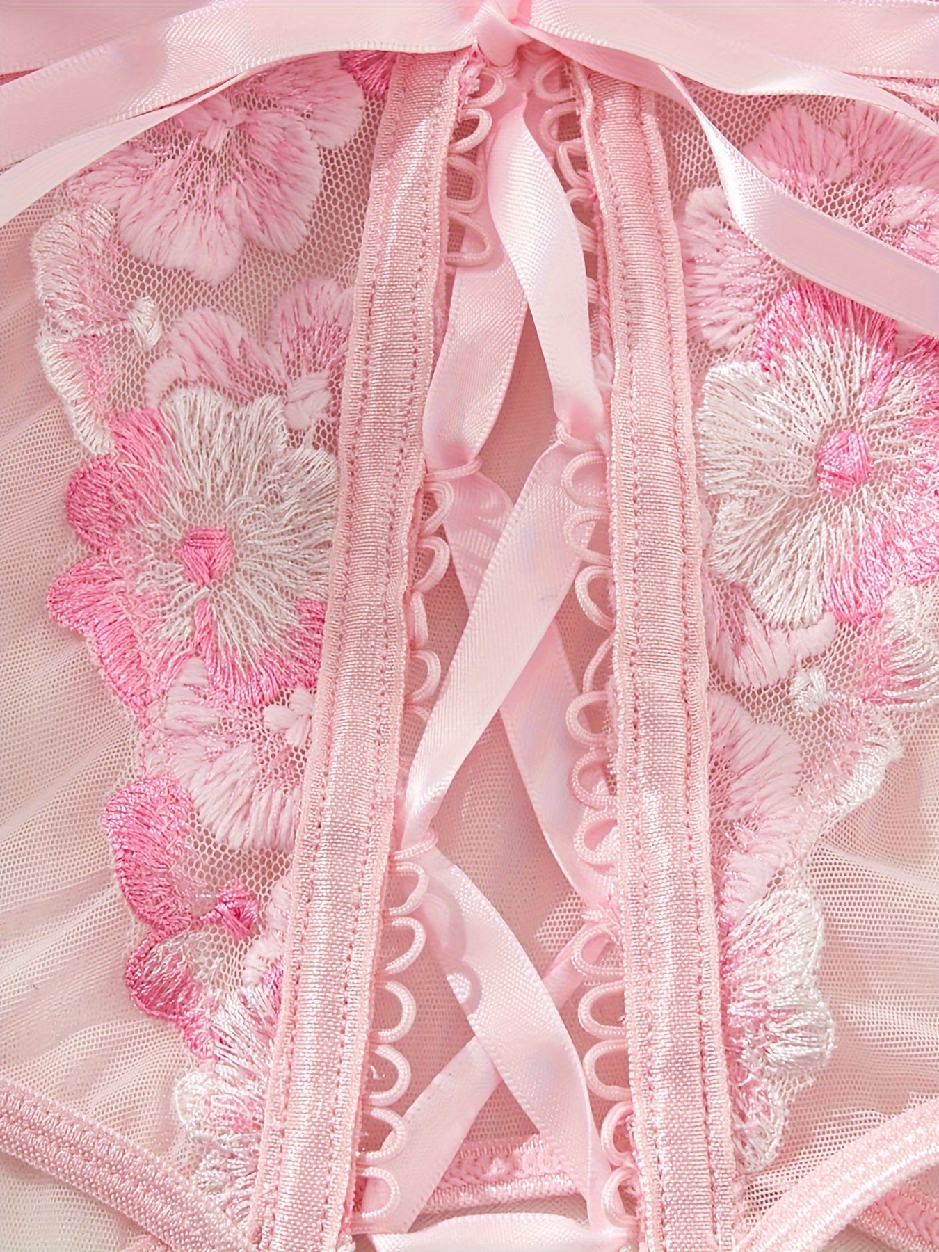 Pink Floral Embroidery Lingerie Set with Garter Belt and Stockings 4-Piece