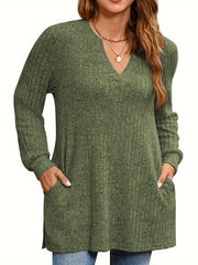 Women's Plus Size Knit Sweater Long Sleeve V-Neck Pockets Fall Winter