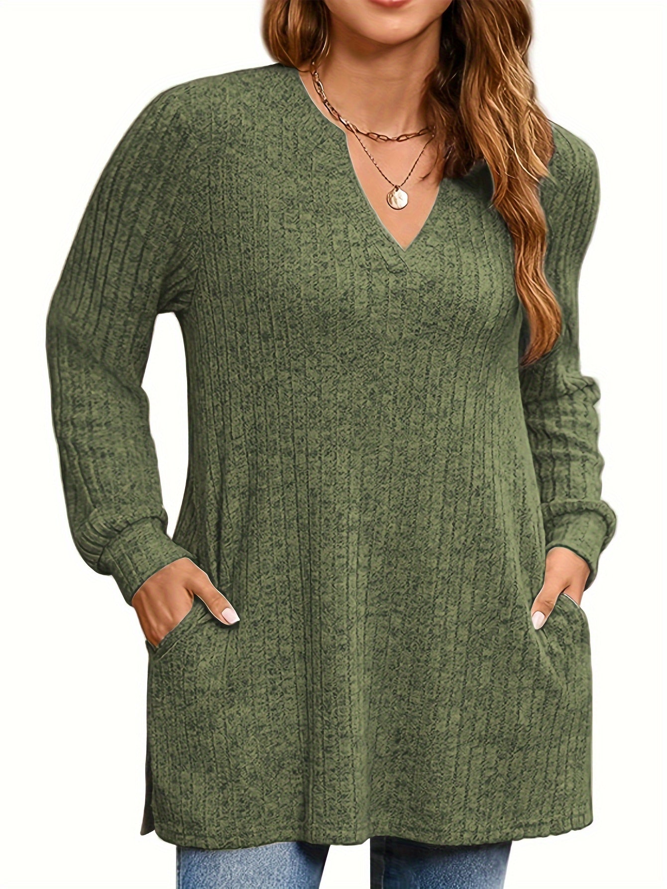 Women's Plus Size Knit Sweater Long Sleeve V-Neck Pockets Fall Winter