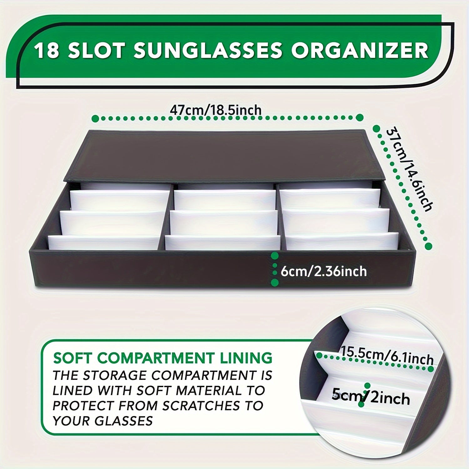 Upgraded 18-Slot Glasses Organizer with Clear Lid Fabric Lining and Snap Closure