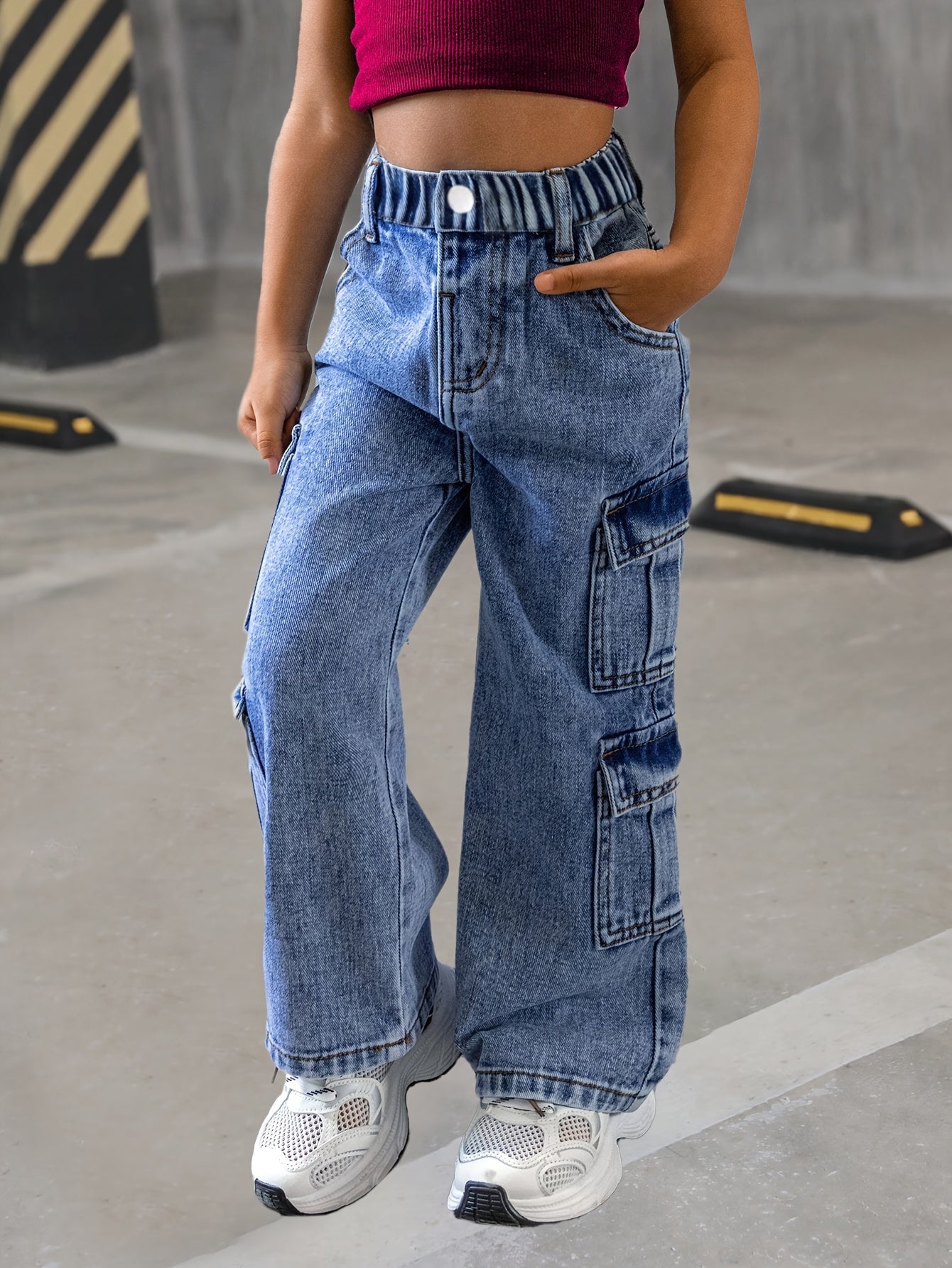 Джинсовые брюки-карго для девочек с эластичным поясом и многокарманным дизайном для возрастов 8-15 лет