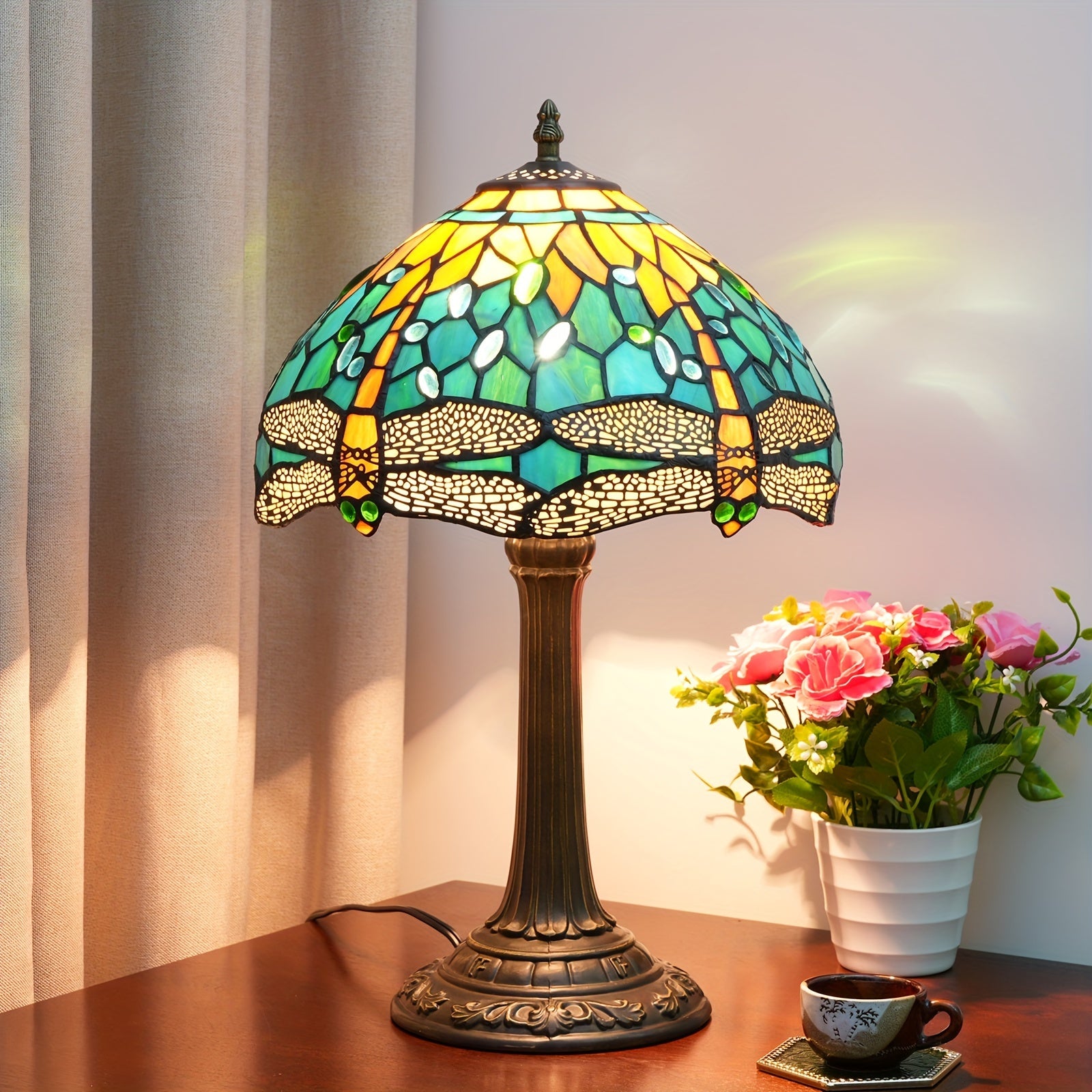 Настольная лампа из стекла 12 дюймов с зеленой светлячковой пагодой и антикварным металлическим покрытием