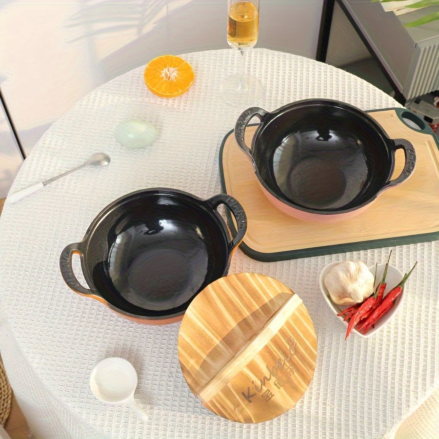 Large 47oz Enamel Cast Iron Dutch Oven with Wooden Lid Non-Stick Coating