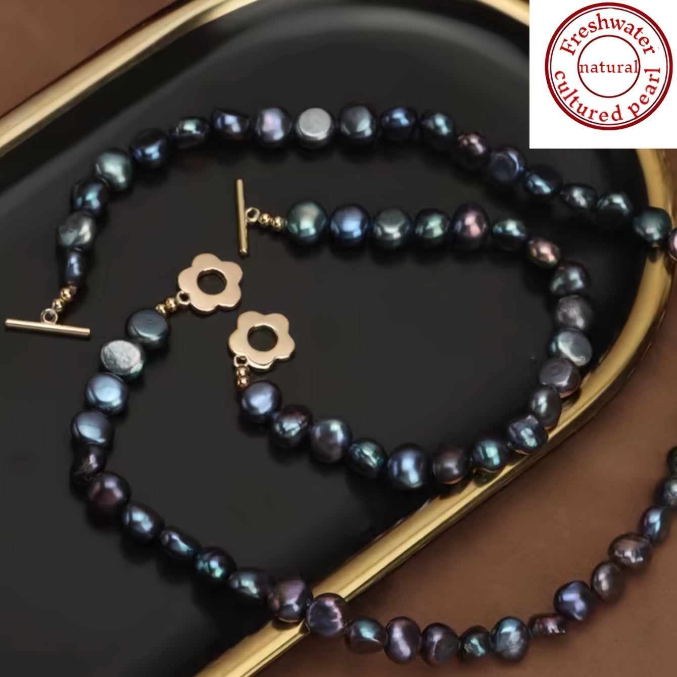 Conjunto de joyería de perlas de agua dulce negras con collar y pulsera de perlas barrocas de 7-8mm para mujeres