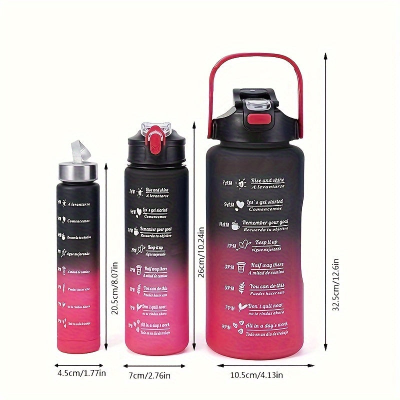 Set of 3 Motivational Water Bottles 2000ml 800ml 300ml with Straw and Sleeve