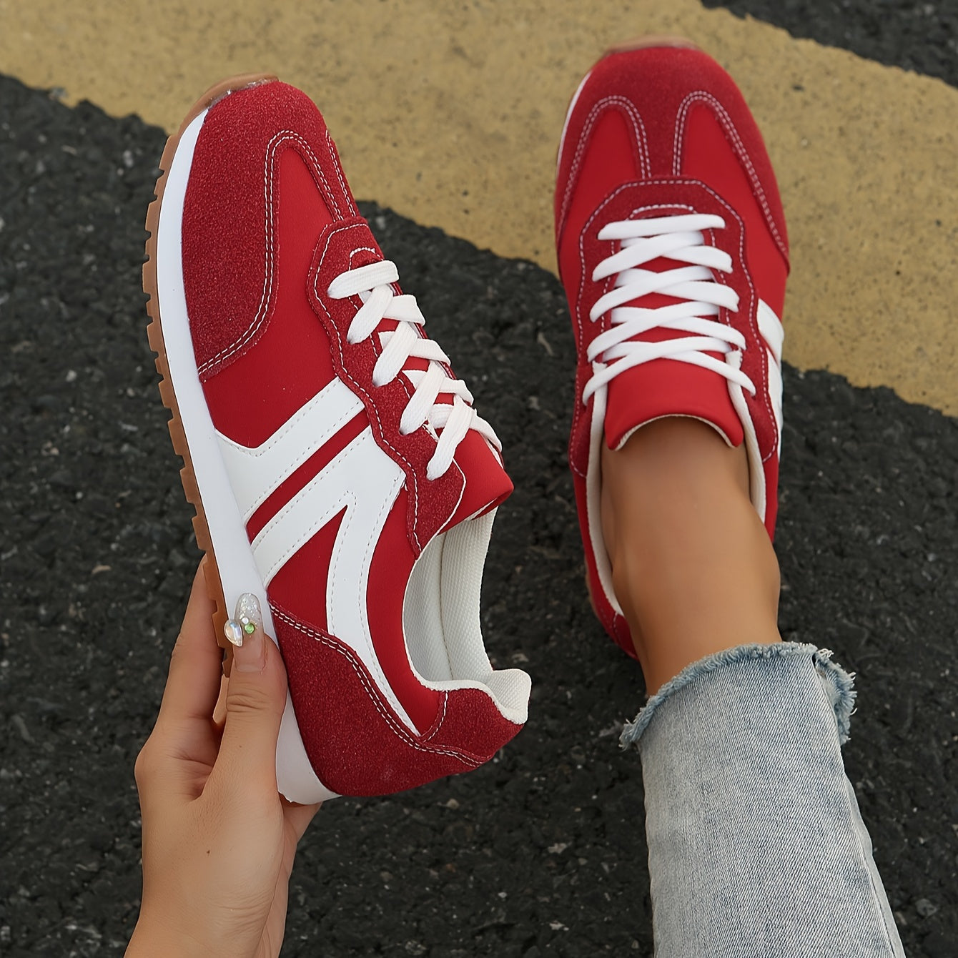 Women's Red Casual Sneakers Breathable Fabric Non-Slip Sole