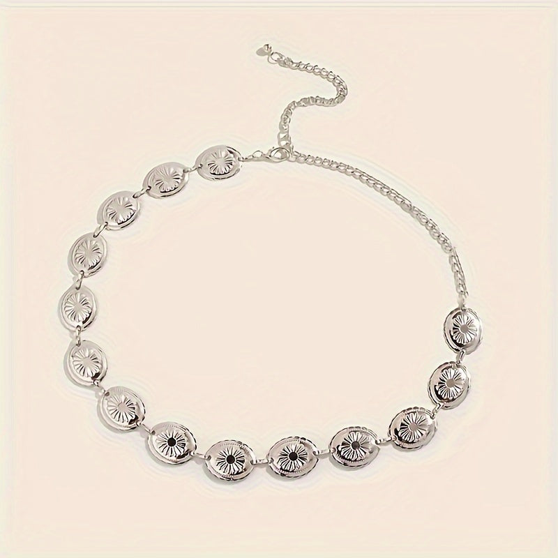 Ayollar uchun vintage oval oymali dizaynga ega kumush metall qorin zanjiri