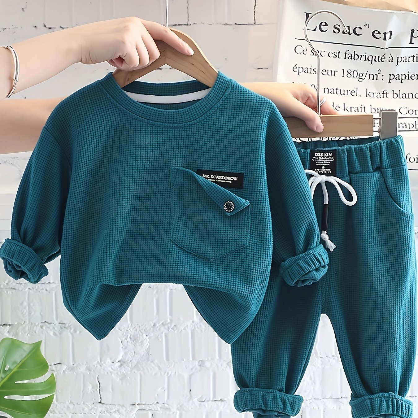 Baby Boy's Waffle Texture Casual Set Includes Long Sleeve Top and Pants for Spring Fall Outdoor Wear