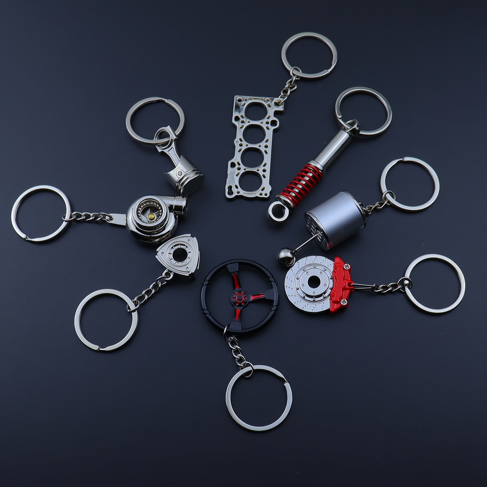 Car Keychains Piston Brake Disc Gear Turbocharger Engine Blade Steering Wheel Accessories
