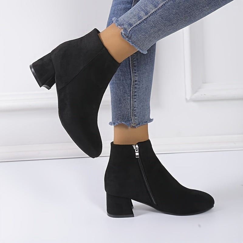 Women's Chunky Heel Ankle Boots Casual Side Zipper Comfortable Black