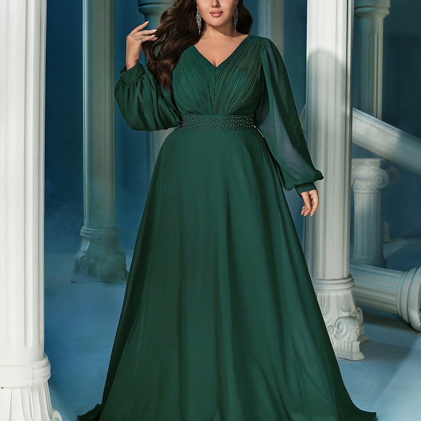 Women Emerald Green Rhinestone V-Neck Lantern Sleeve Evening Gown