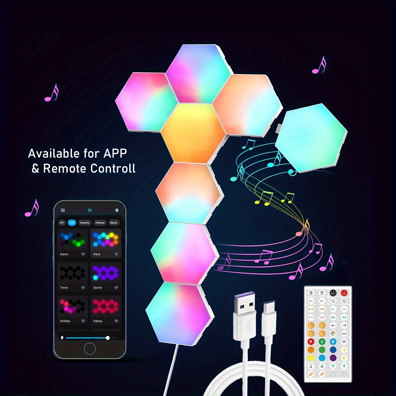 Smart Hexagon LED Lights with App and Remote Control for Gaming Room Bedroom Living Room Decor
