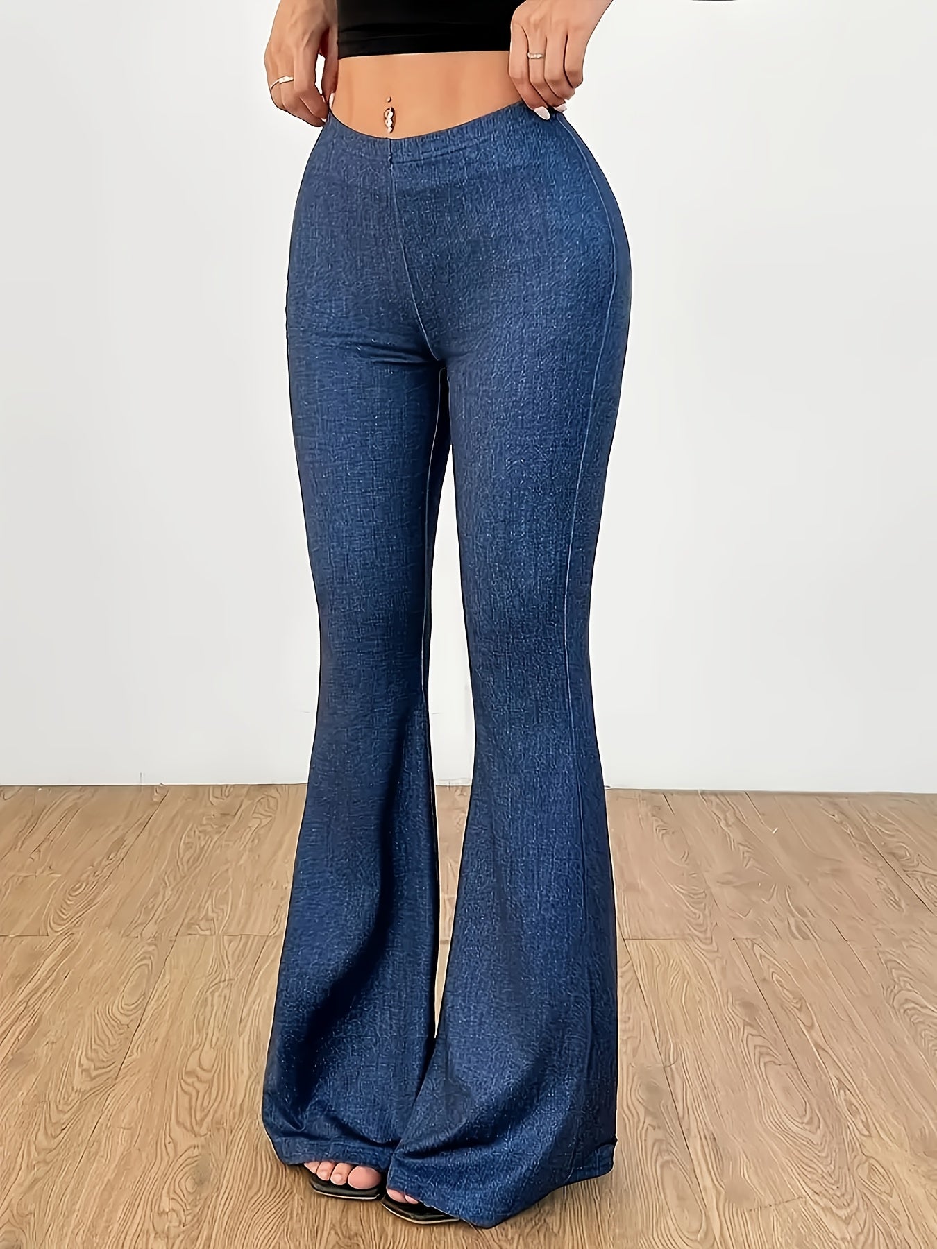 Women's Plus Size Flare Leg Pants Stretch Denim Dark Blue High-Waisted Bell Bottoms