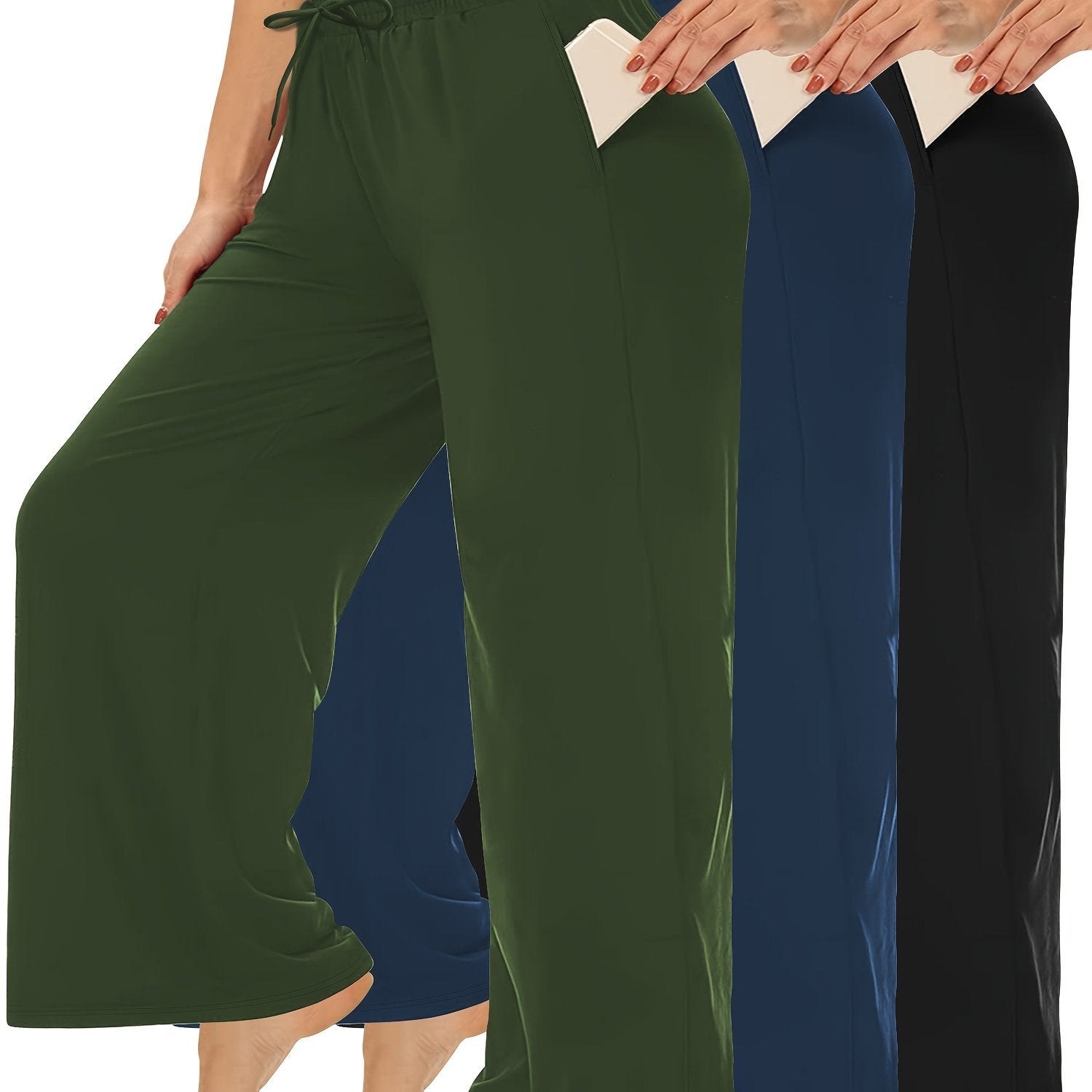 Plus Size Wide Leg Pants Elastic Waistband Drawstring Pockets Cropped Casual
