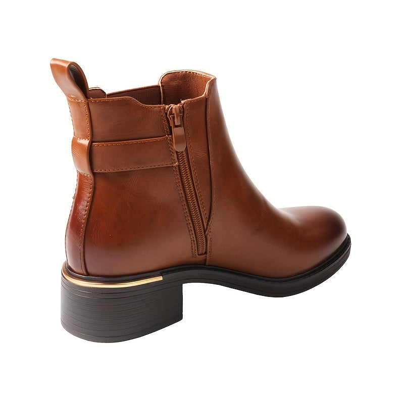 Женские кожаные короткие сапоги до середины икры в стиле casual с боковой молнией и толстым каблуком