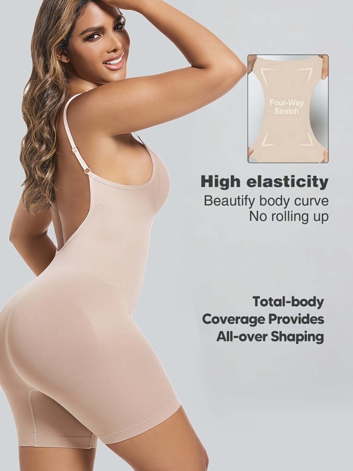 Ayollar uchun qora shovqinsiz qorin nazorati bodysuiti, tizzalarni ko'taruvchi va orqa qismi ochiq dizayni bilan