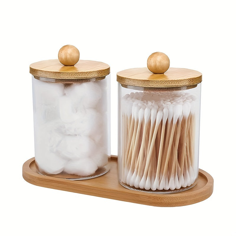 Bathroom Storage Organizer Set with Bamboo Lids and Tray for Cotton Swabs, Pads, and Floss