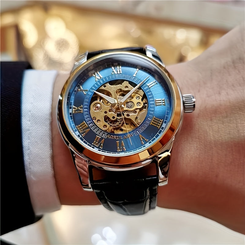 Men's Automatic Mechanical Watch Skeleton Design Brown Faux Leather Strap Casual Business Gift
