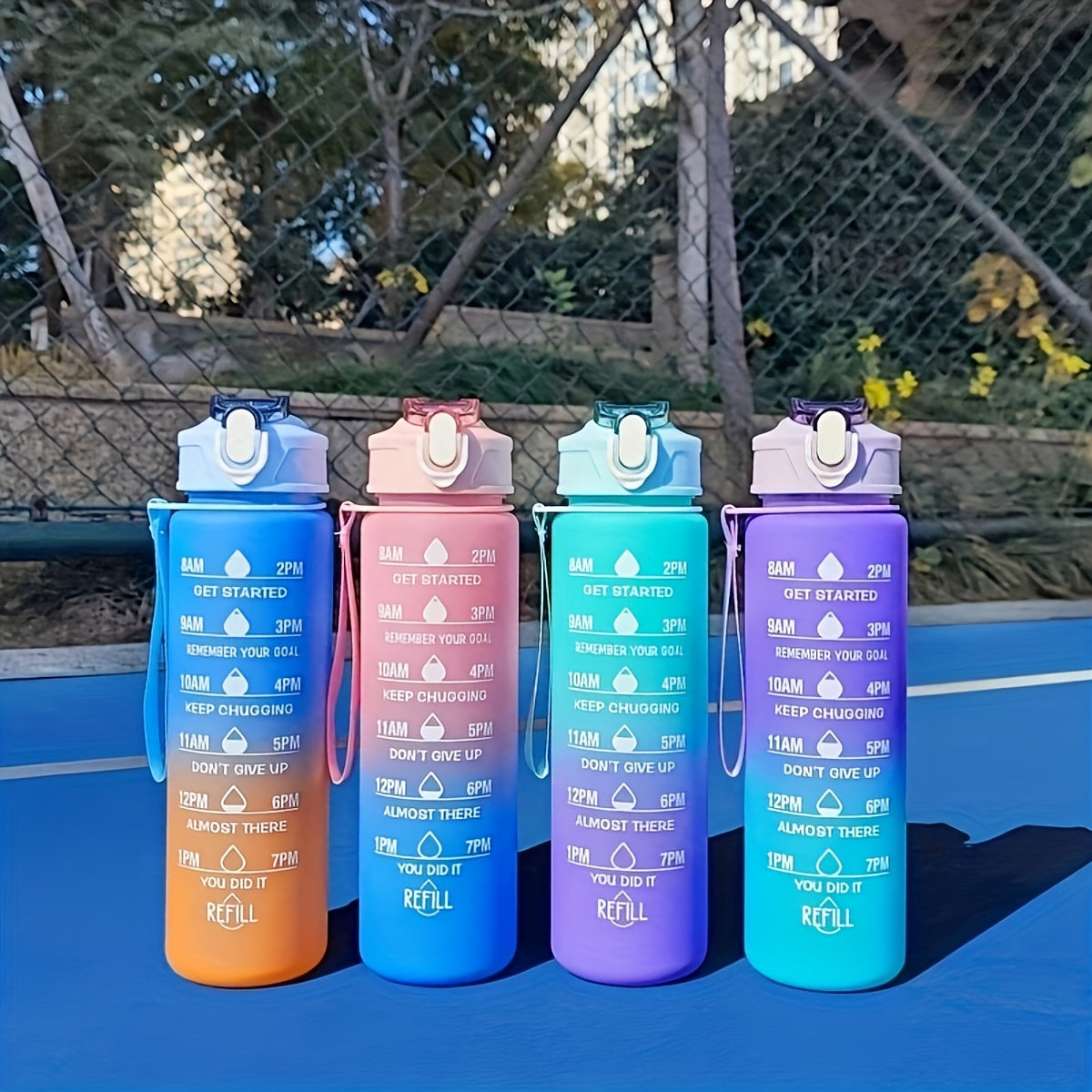 Gradient Water Bottle with Straw and Time Marker, Leakproof Sports Cup