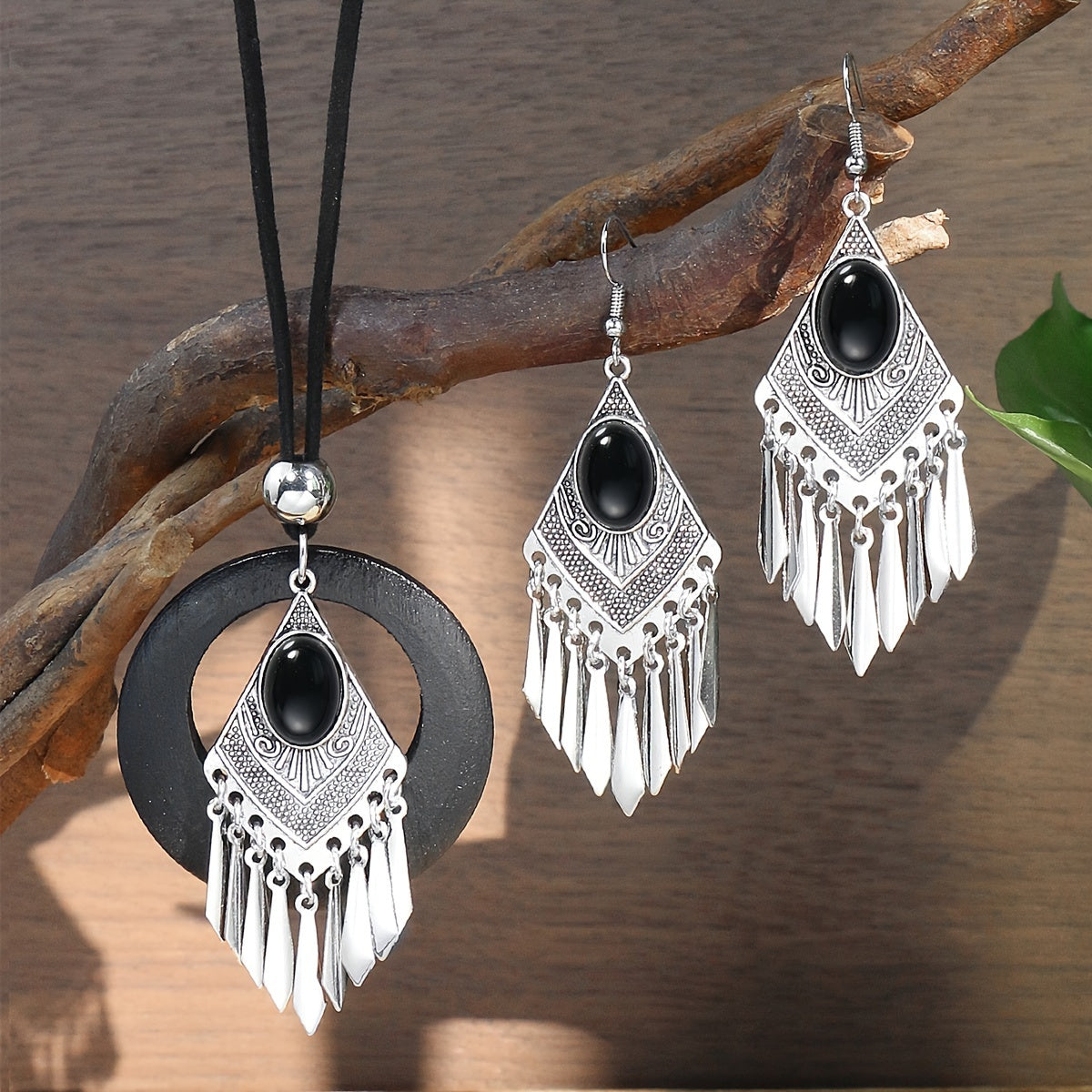 Set of 3 Men's Jewelry Bohemian Rhombus Earrings Necklace Sweater Chain