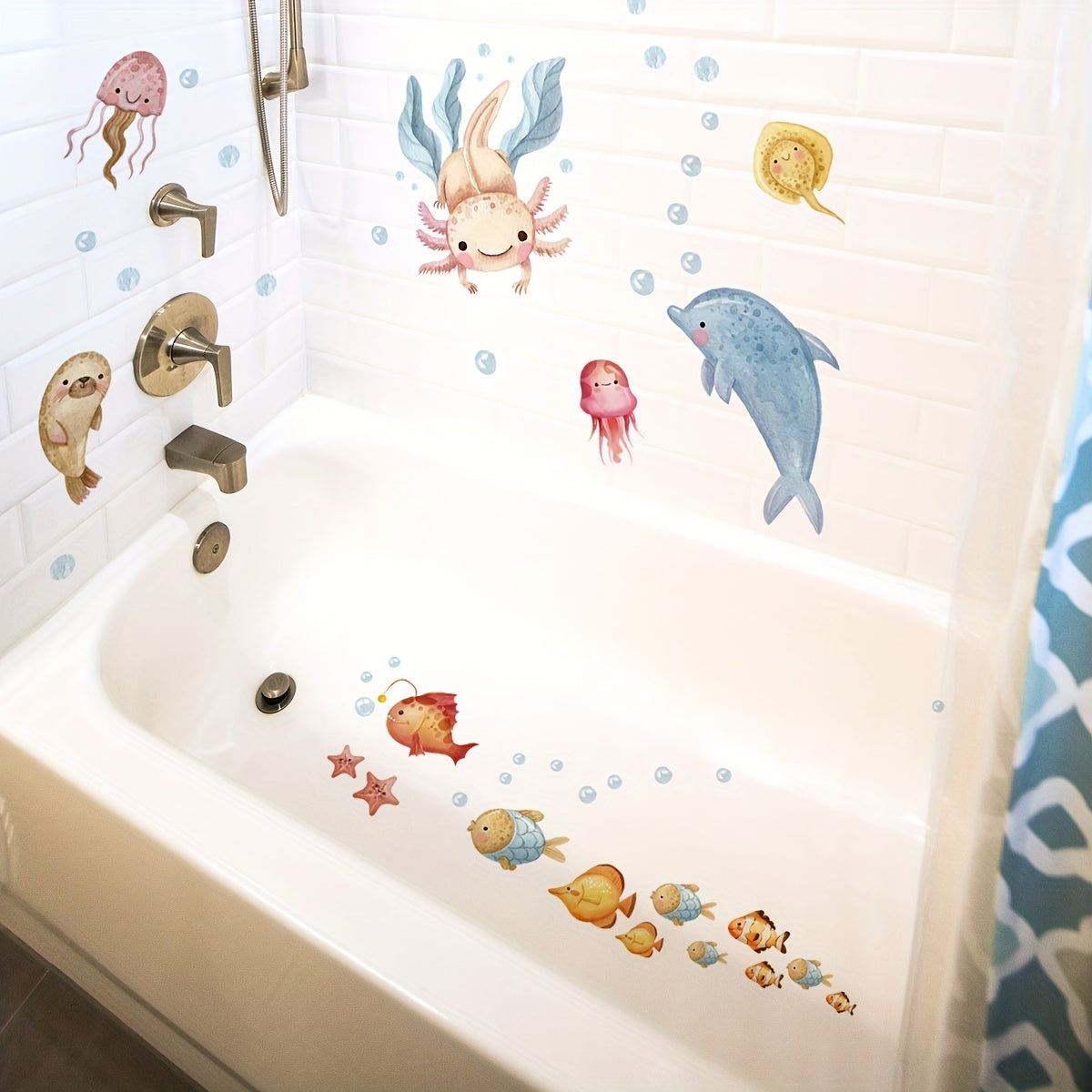 Colorful Underwater Animal Bathtub Sticker for Kids Bathroom Decor