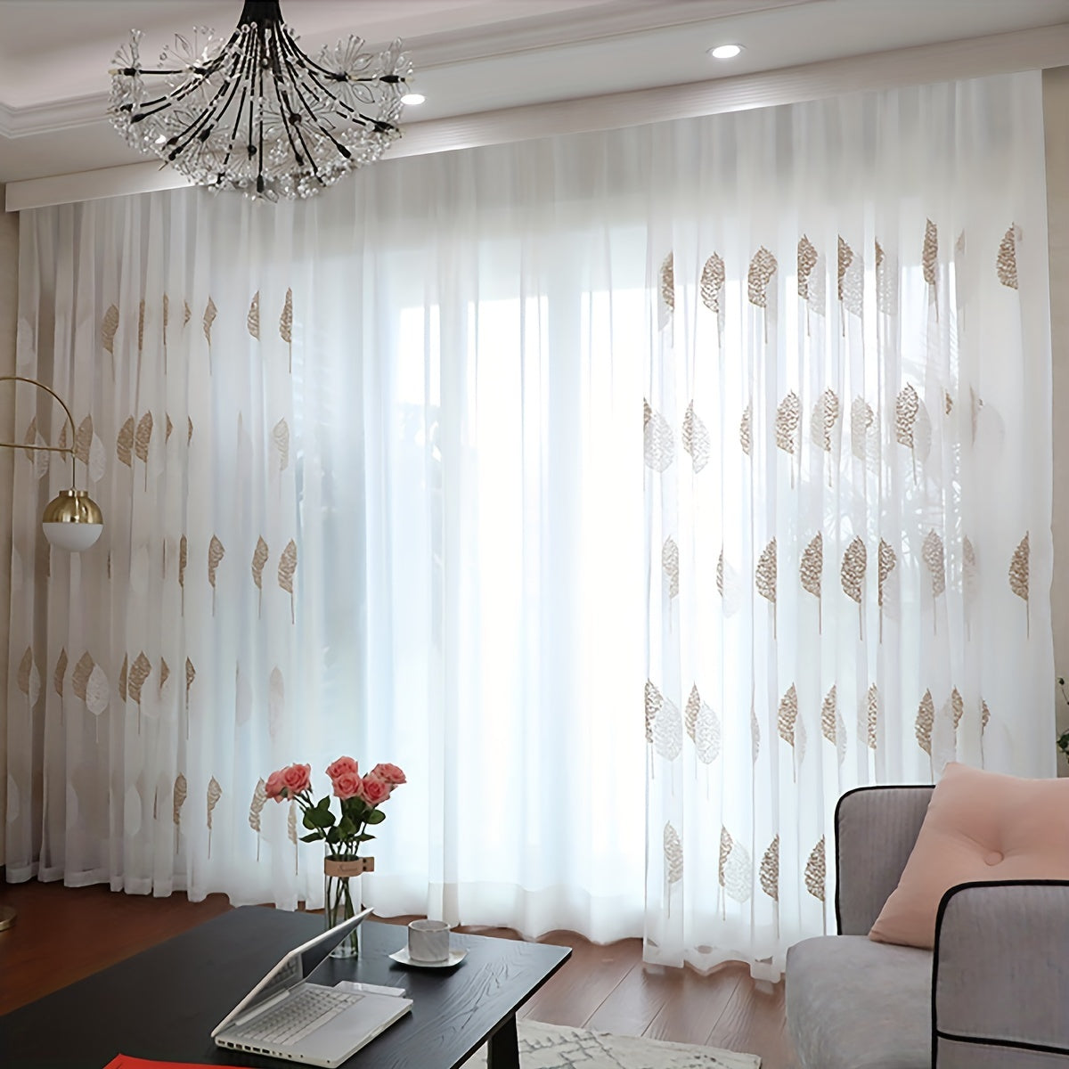 Elegant Tulle Curtain with Leaf Embroidery Translucent Rod Pocket for Living Room Bedroom