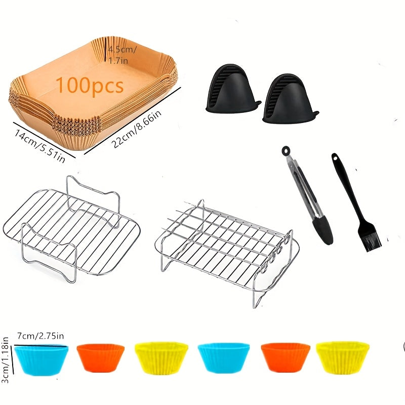 Stainless Steel Double-Layer Air Fryer Rack Set with Silicone Accessories for 6 Pieces