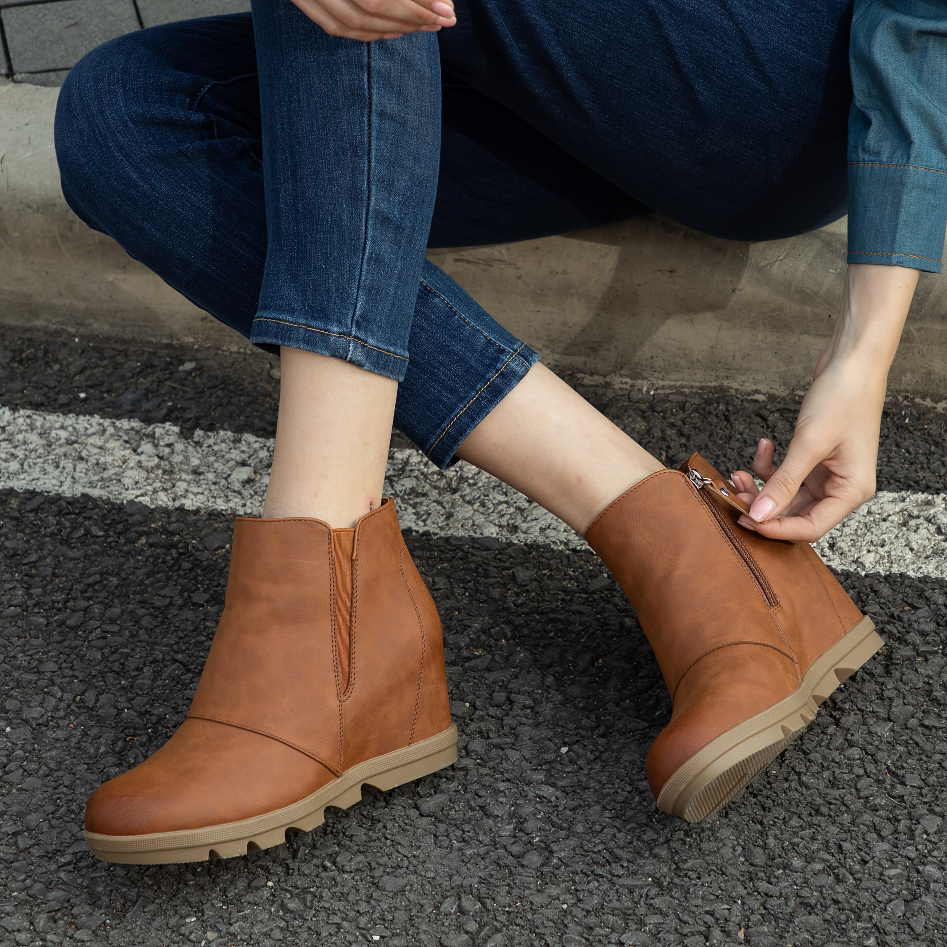 Women's Faux Leather Slip-On Wedge Ankle Boots Brown Casual Comfort