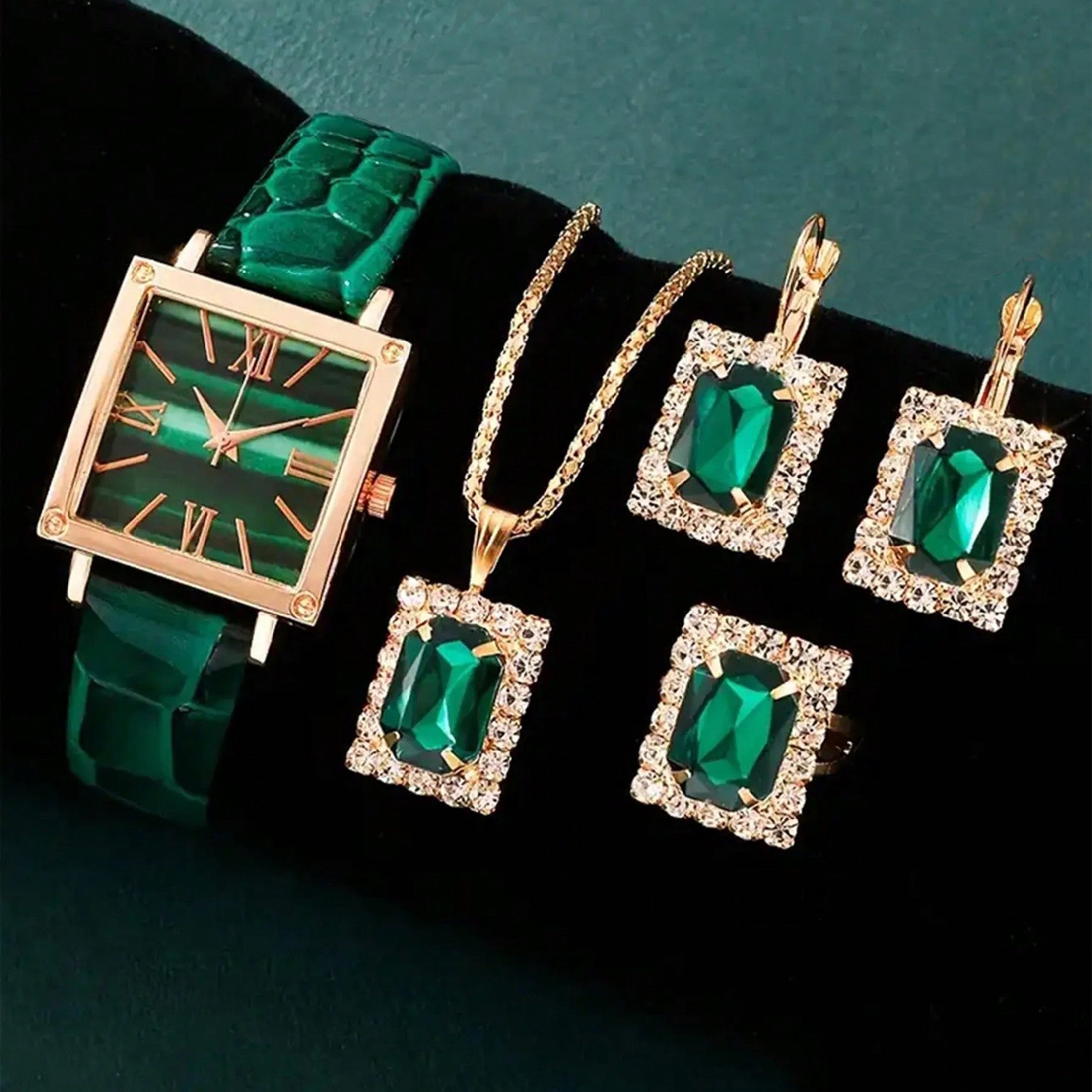 5 ta ayollar uchun vintage kvadrat kvarts soatlari to'plami, PU charm bilan taqilgan va sintetik toshli zargarlik buyumlari bilan