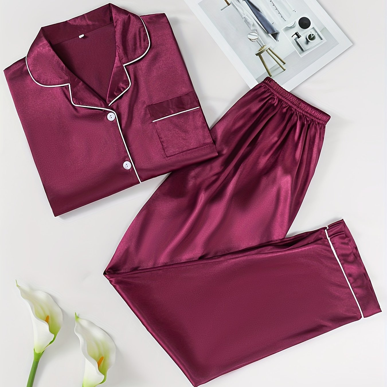 Women's Cotton Pajama Set with Lapel Collar and Solid Color Lounge Wear for Valentine's Day