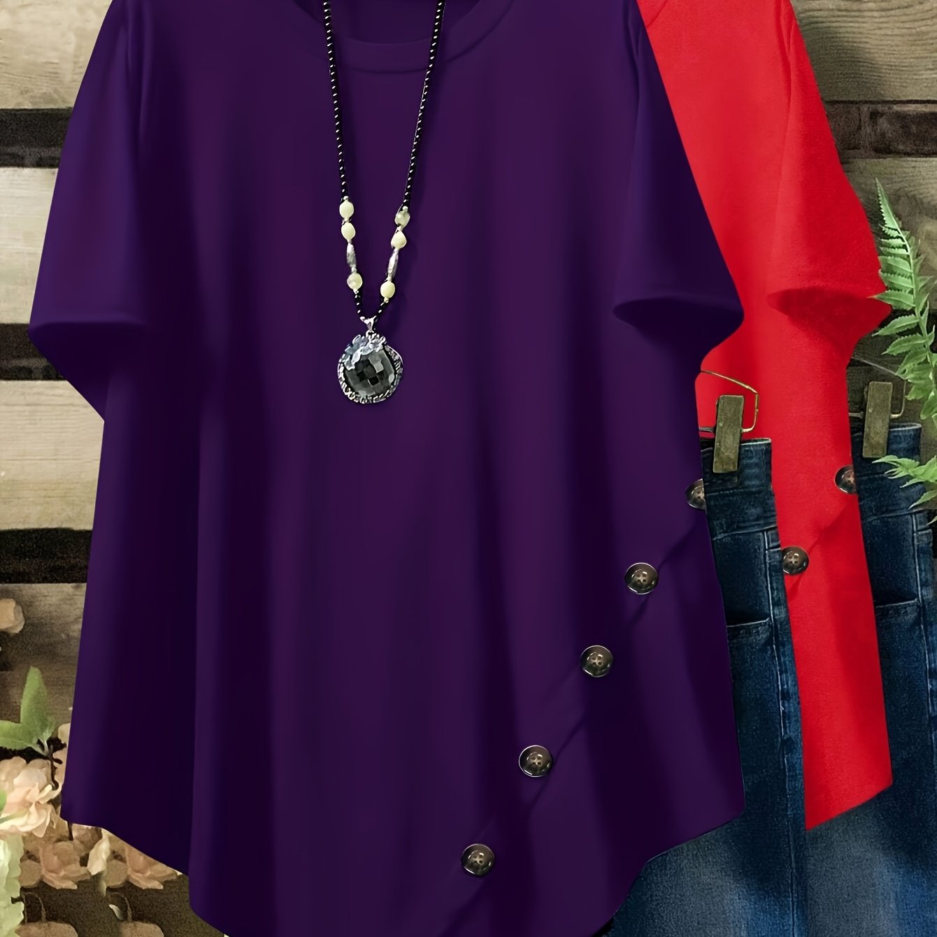 Plus Size Loose Fit Short Sleeve Casual T-Shirts with Button and Asym Hem