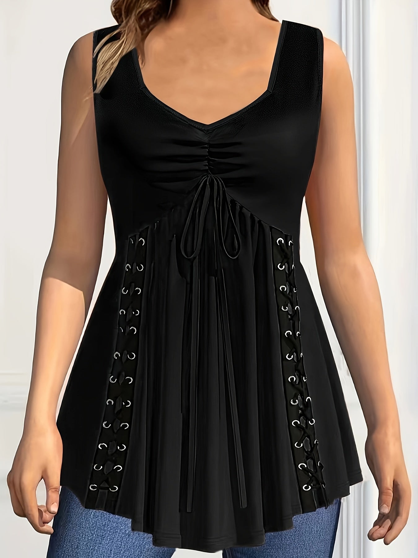 Plus Size Women's Grommet Eyelet V-Neck Sleeveless Tank Top Summer Clothing