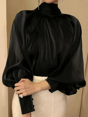 Black Satin Blouse for Women Lantern Sleeves High Neck Loose Fit Button Detail