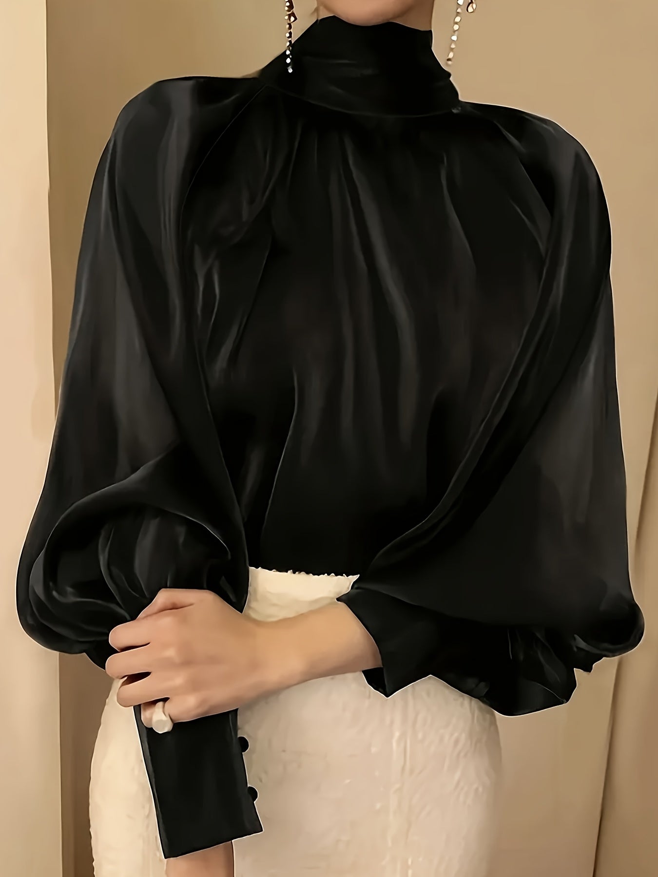 Black Satin Blouse for Women Lantern Sleeves High Neck Loose Fit Button Detail