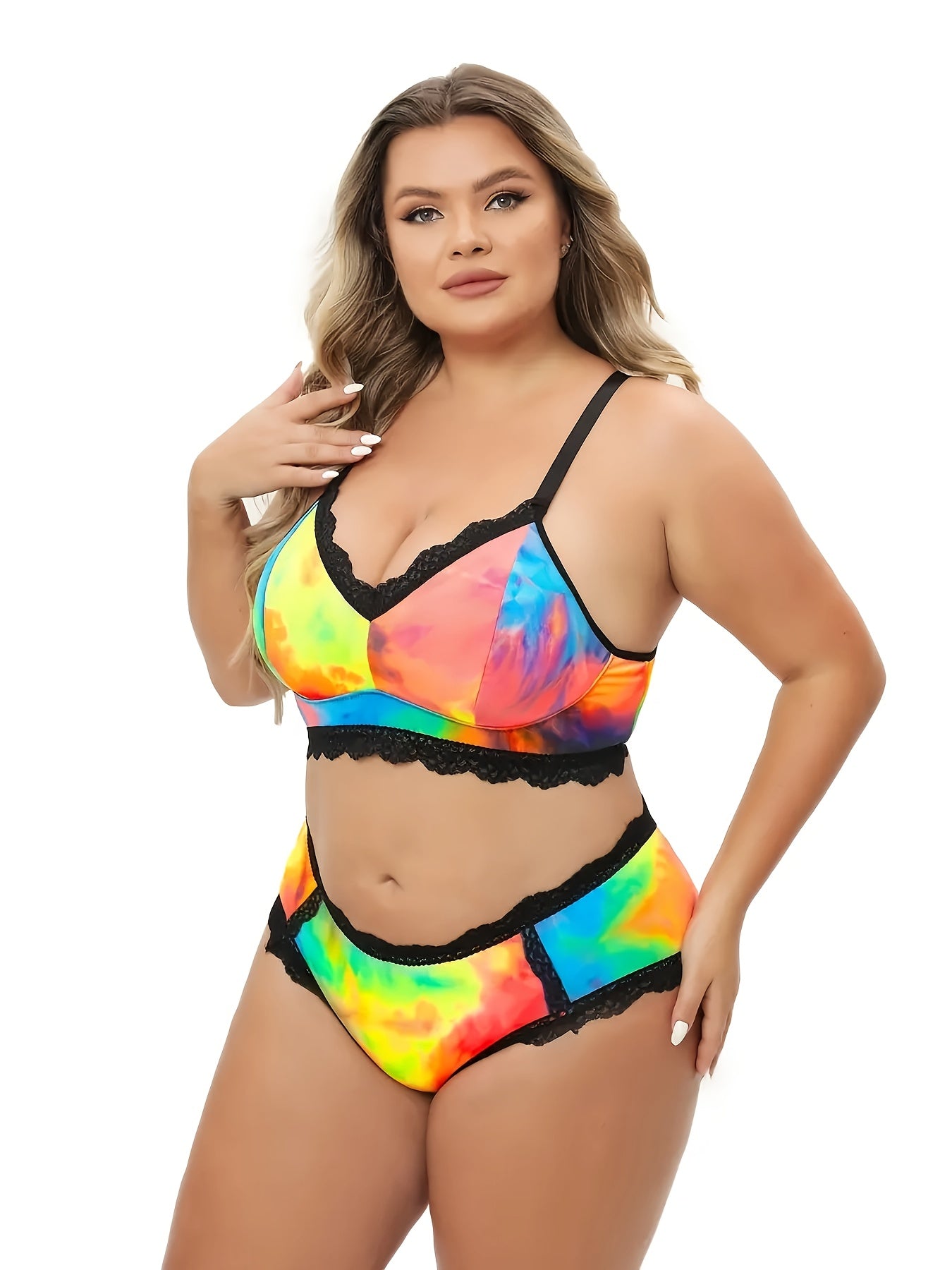 Plus Size Lingerie Set Tie Dye Lace Trim Racerback Bra and Panty