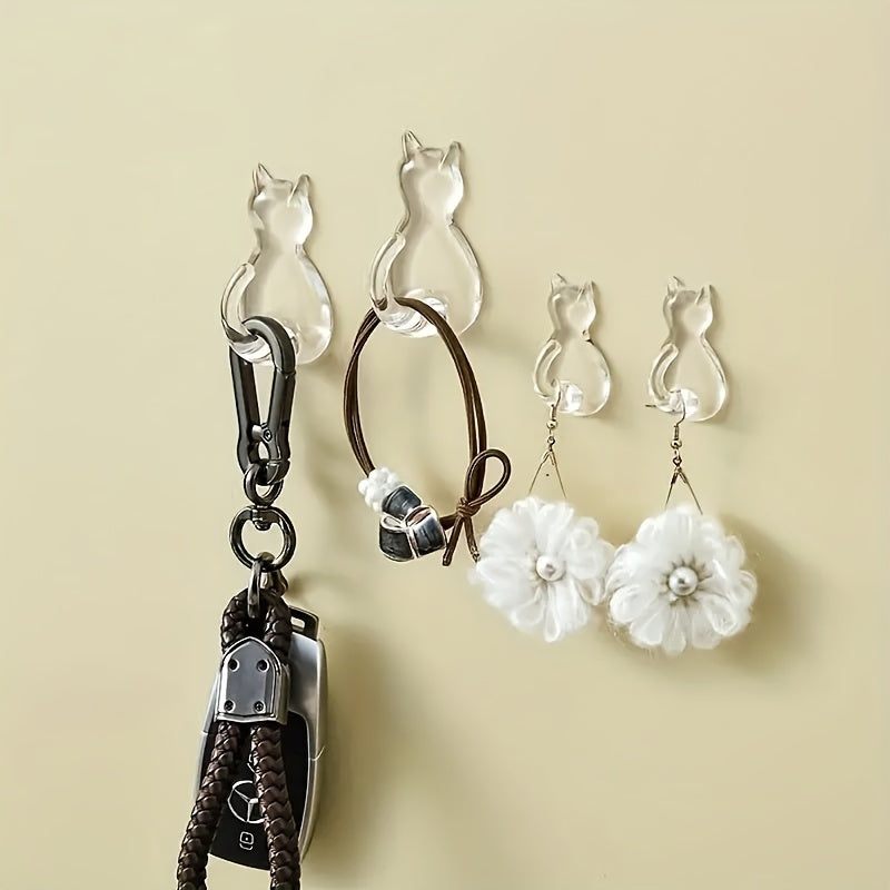 Cute Cartoon Cat Adhesive Hooks for Coats Towels Shower Curtains Strong Transparent No Damage Bathroom Decor