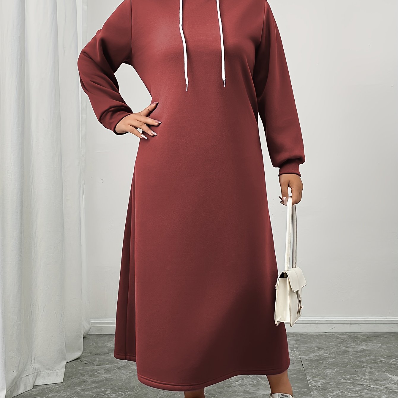 Women's Casual Wool Blend Hooded Dress Maroon Fitted Winter Wear