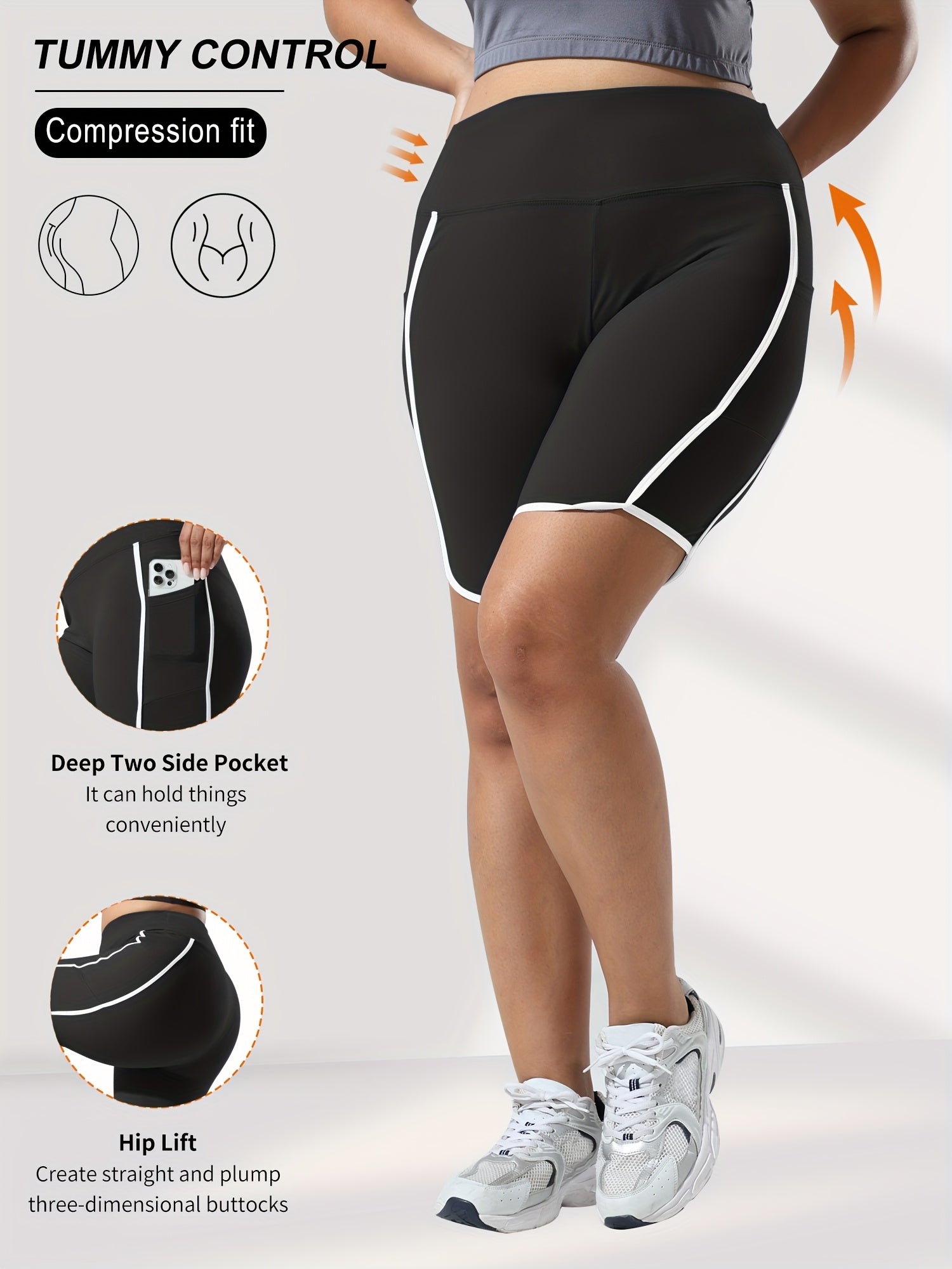 Plus Size High-Waisted Gym Shorts with Tummy Control Side Pockets White