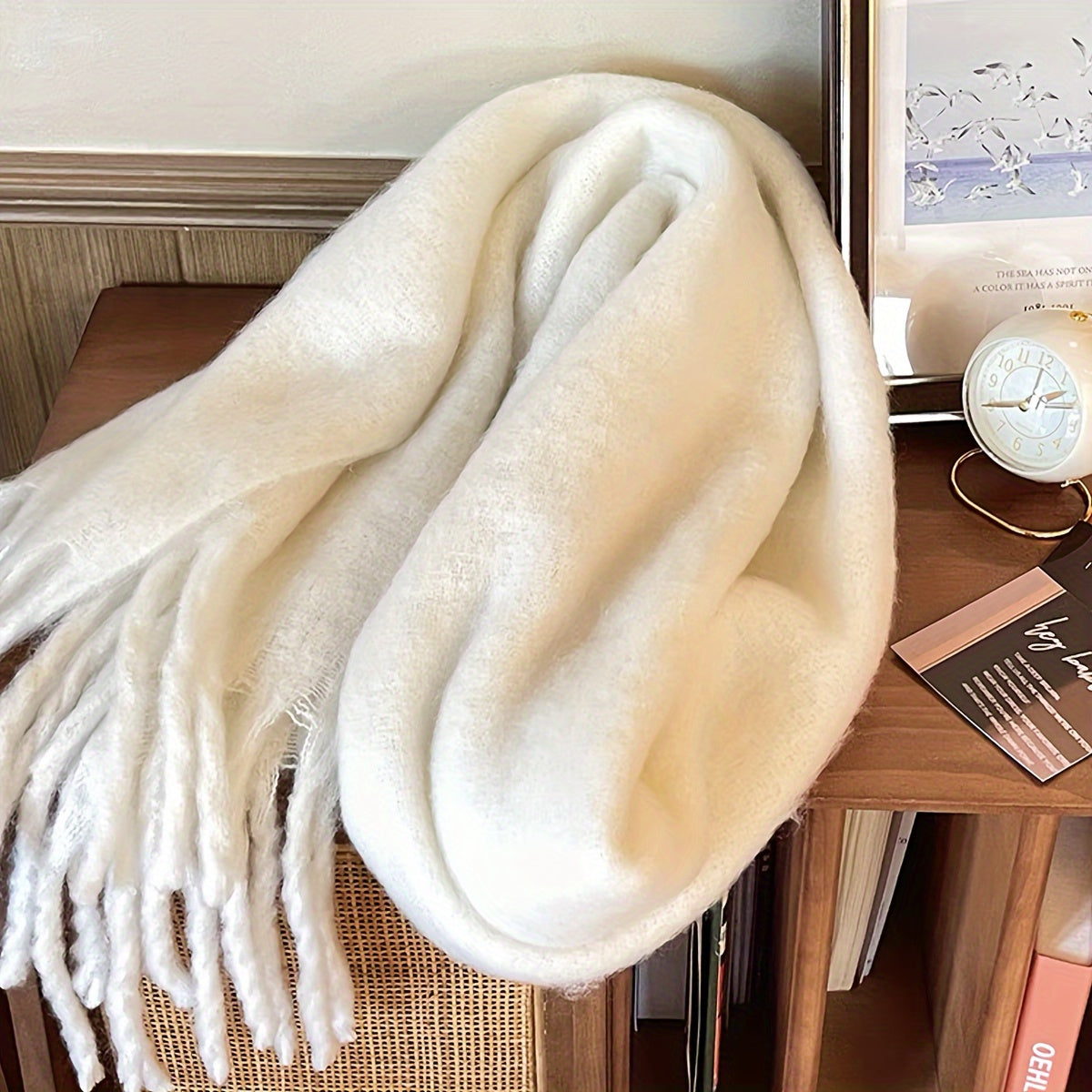 Women's Cozy Plush Solid Color Scarf with Tassels Warm Windproof Winter Shawl