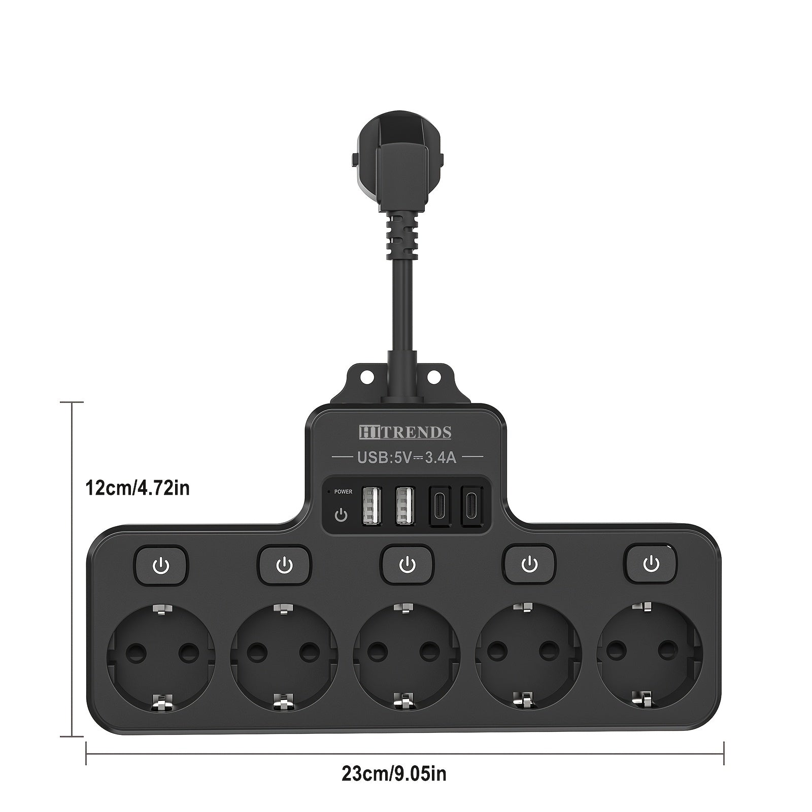 Wall-Mounted Power Outlet with 5 European Sockets USB-C Ports and Switch Black