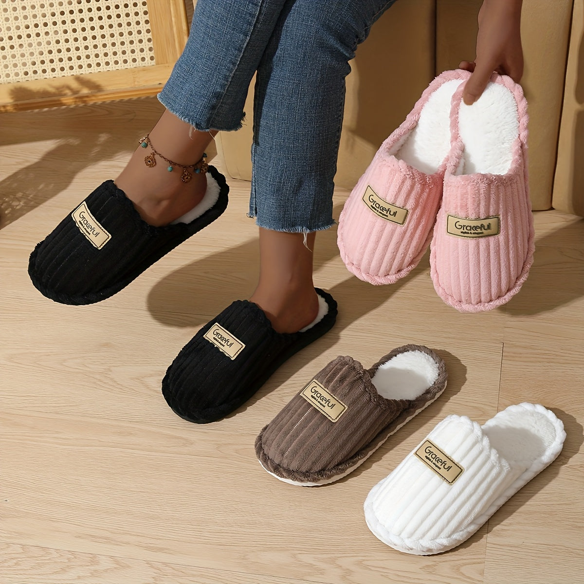 Women's Slip-On Slippers Vertical Stripe Soft Fabric Indoor Outdoor