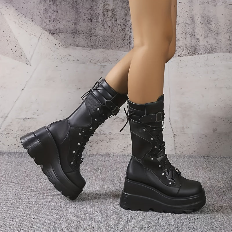 Unisex gotik punk platform o'rta tizza botinkalar, burqalar bilan, qish uchun