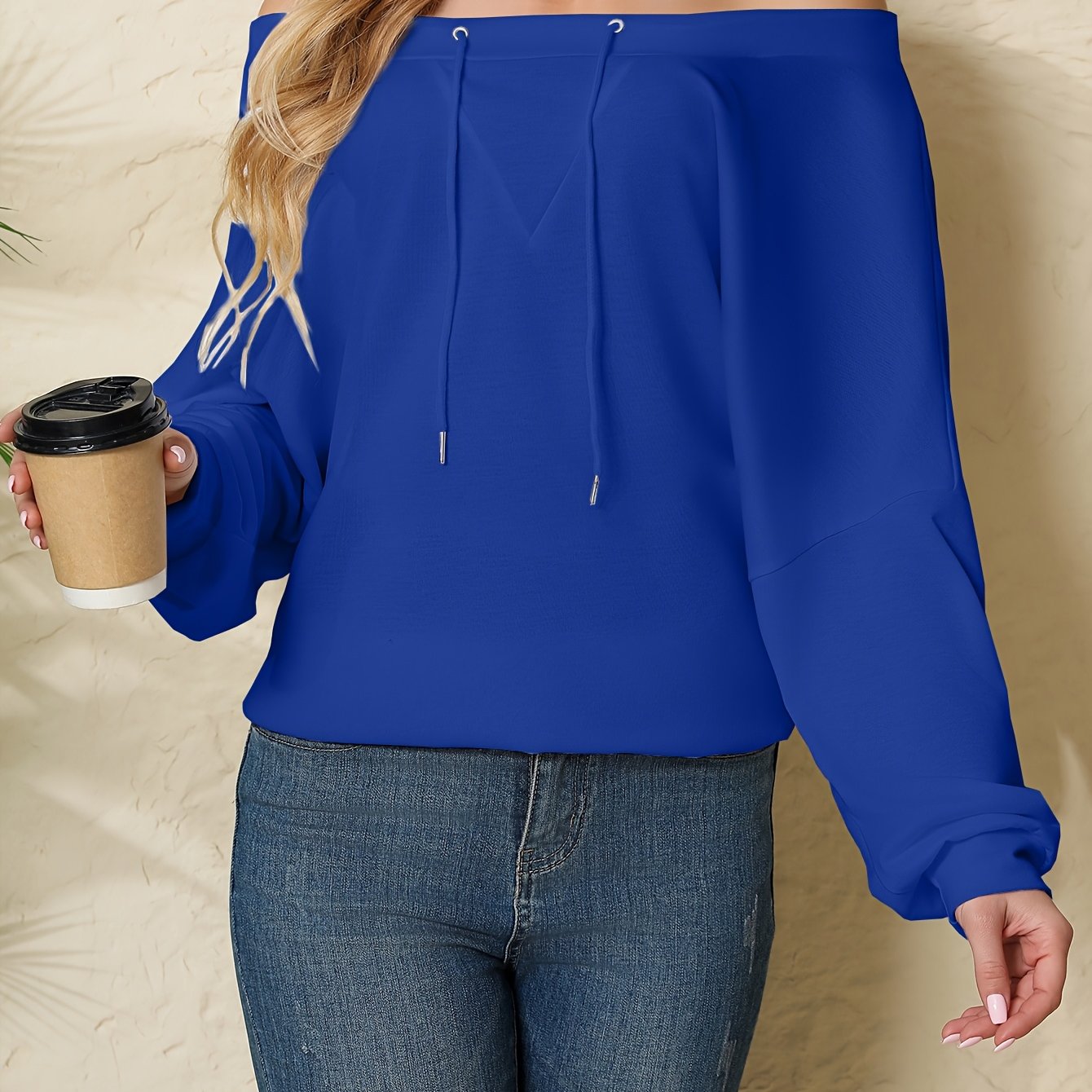 Women’s Polyester Knit Off-Shoulder Pullover Sweatshirt with Drawstring