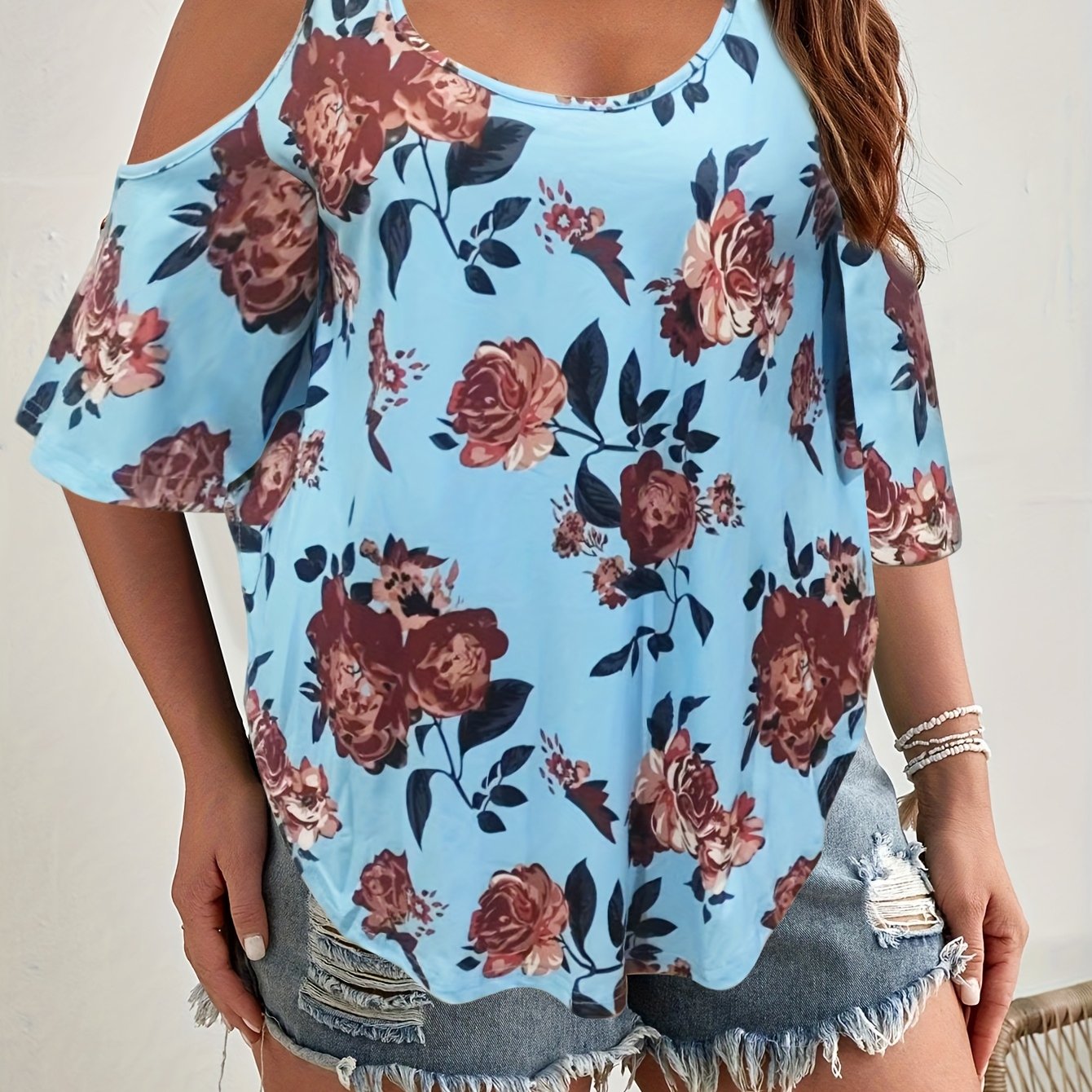 Women's Plus Size Floral Off Shoulder Ruffle Top Casual Sleeveless Summer Light Green Orange Black