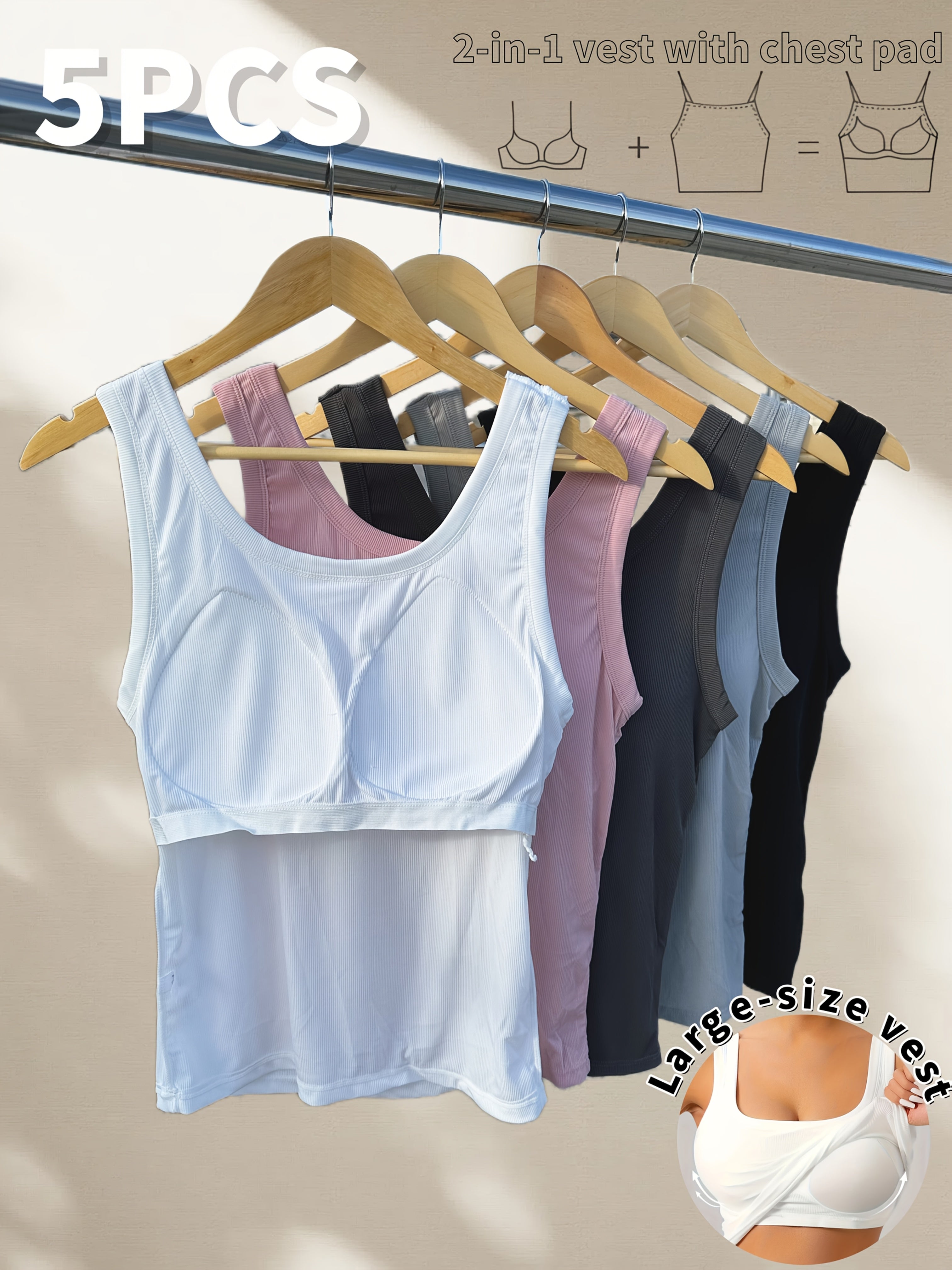 Ayollar uchun kattaroq o'lchamdagi ribbed tank toplar, ichki bra padlari bilan, 5 ta paket