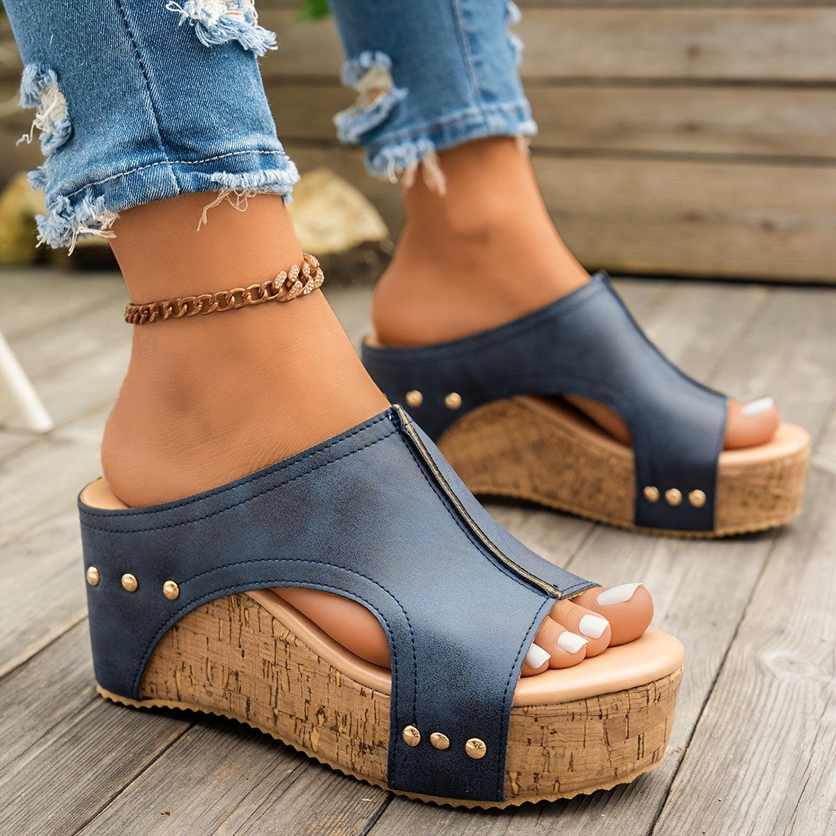 Women's Wedge Sandals Open Toe Slip-On Strappy Metallic Buckle Summer Fashion