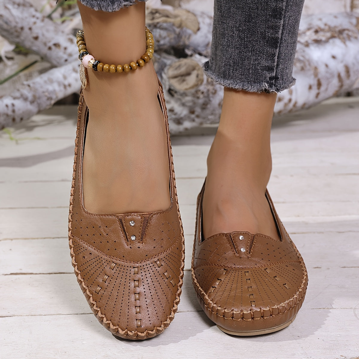 Plus Size Women's Slip-On Rhinestone Ballet Flats Breathable PU Round Toe