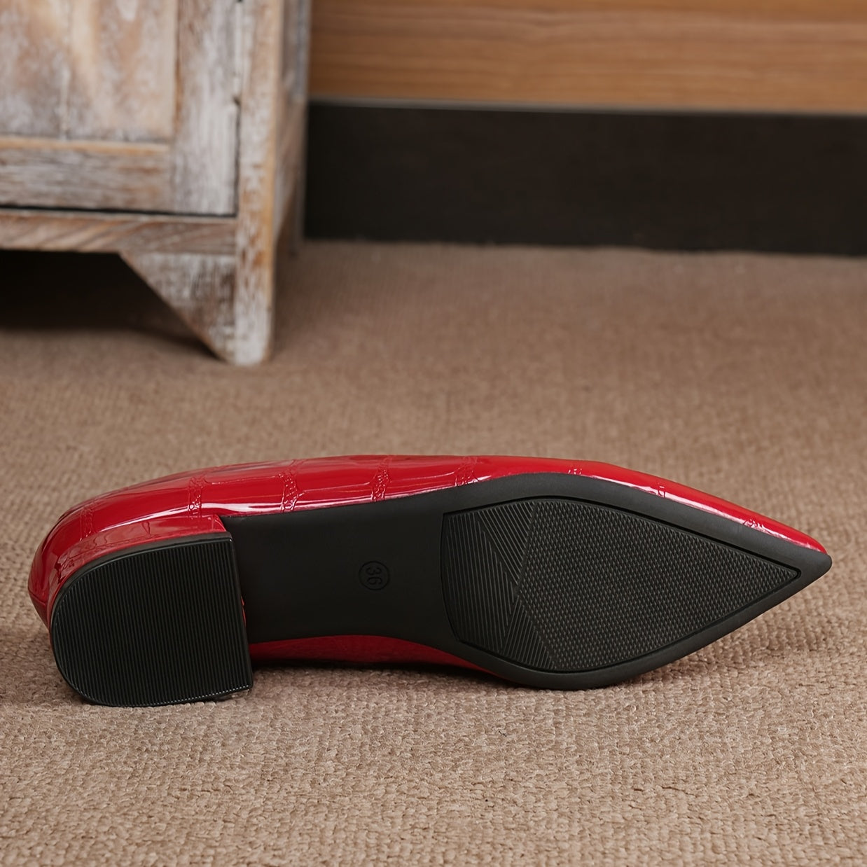 Women's Glossy Red Pointed Toe Block Heel Pumps Dress Shoes for Weddings and Parties