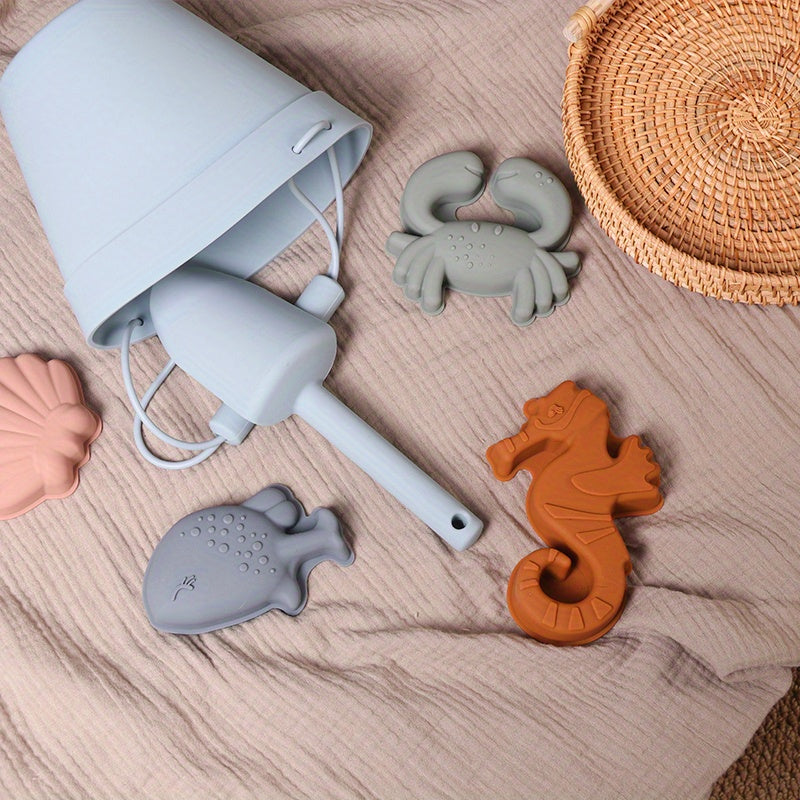 Bath Toy Set for Kids Silicone Beach Playset with Water Bucket Shovel and Sand Mold