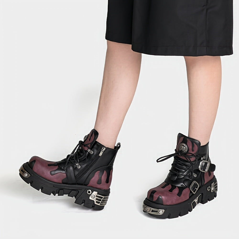 Ayollar uchun qalin platformali punk botlar yuqori top bilan, laces va zippers bilan, to'q rang va qora